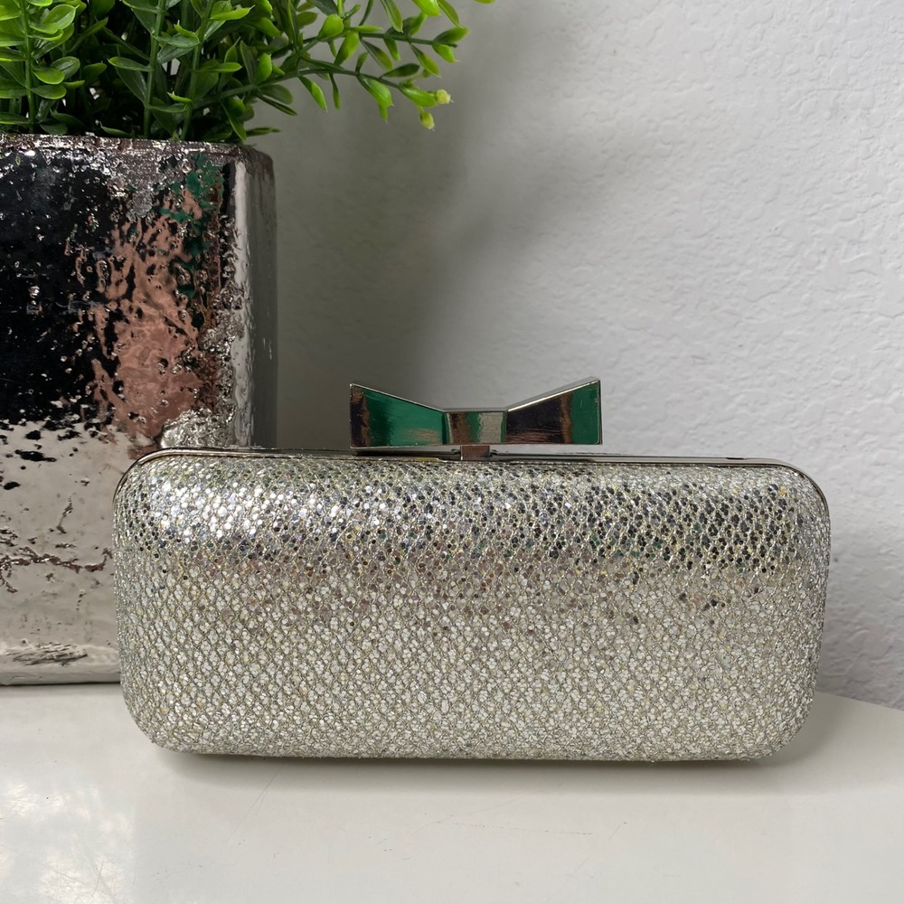 Tasha Silver Glitter Box Clutch Bow Clasp Evening Bag Chain Strap Minaudiere